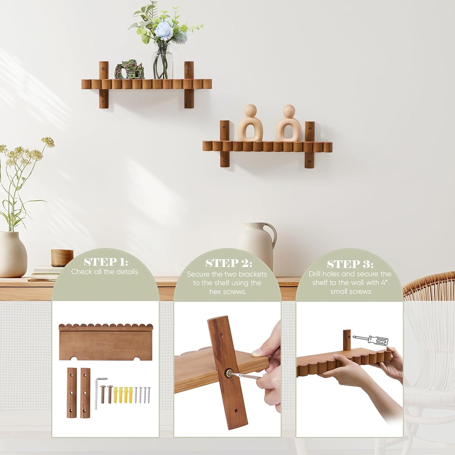 Floating Shelves for Wall, 2 PCS 15 inch Wood Wall Decor Shelf Bookshelf, Decorative Picture Ledge Shelves for Bedroom, Living Room Storage, Brown