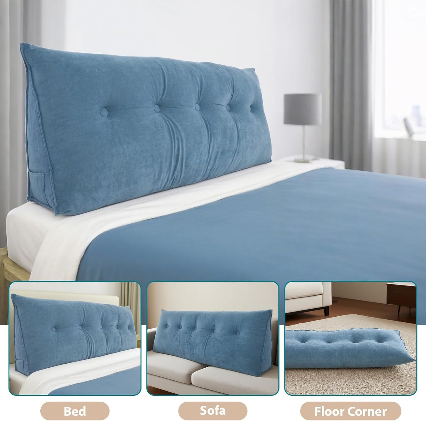 FAHKNS Wedge Pillow Headboard King, Removable Bed Wedge Pillow for Headboard, Triangle Headboard Pillow for Bed, Sofa, Patio, Glass Window Floor, Blue
