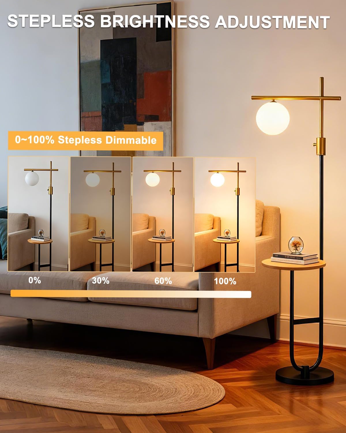 Floor Lamp with Shelves, Modern Standing Tall Lamp with Milky White Globe Lampshade, Cross-Shaped Lamp Head and U-Pole Base Style Floor Lamps for Living Room, 66IN Gold & Black Dimmable