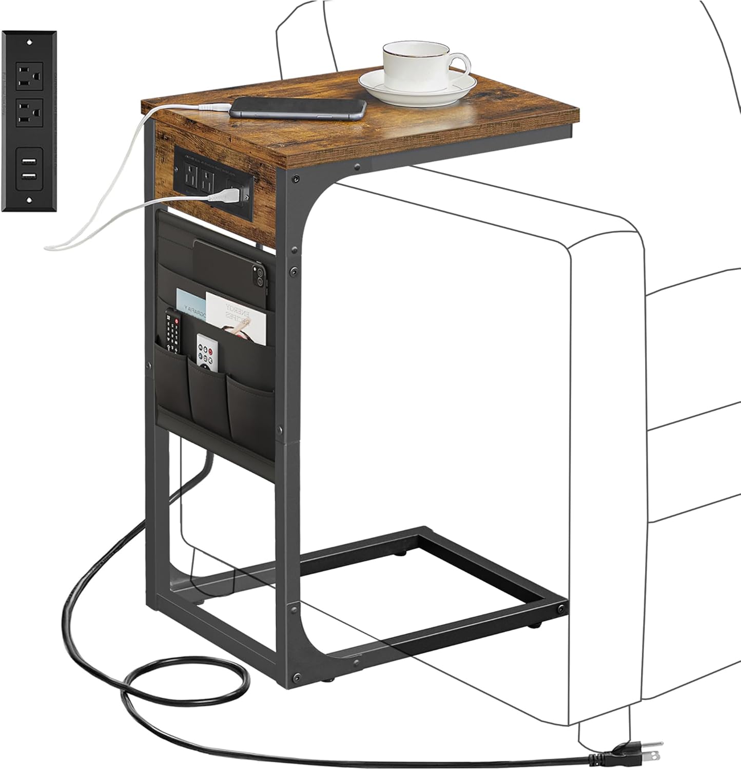 C-Shaped End Table with Charging Station — Storage Bag, 2 USB Ports, AC Outlets, for Living Room / Bedroom...