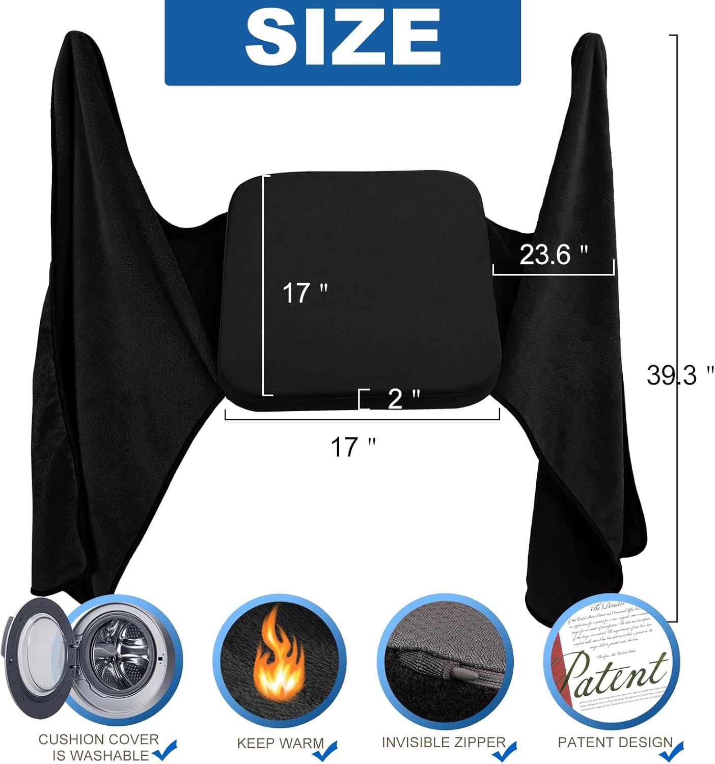 BUYUE Thickened/Leg Covering Office Chair Cushion with Blanket 2 in 1, 2" Foam Seat Cushion with Soft Fleece Foldable Legwarmer for Sitting, Non-Slip Comfort Home Desk Chair Pad, Black