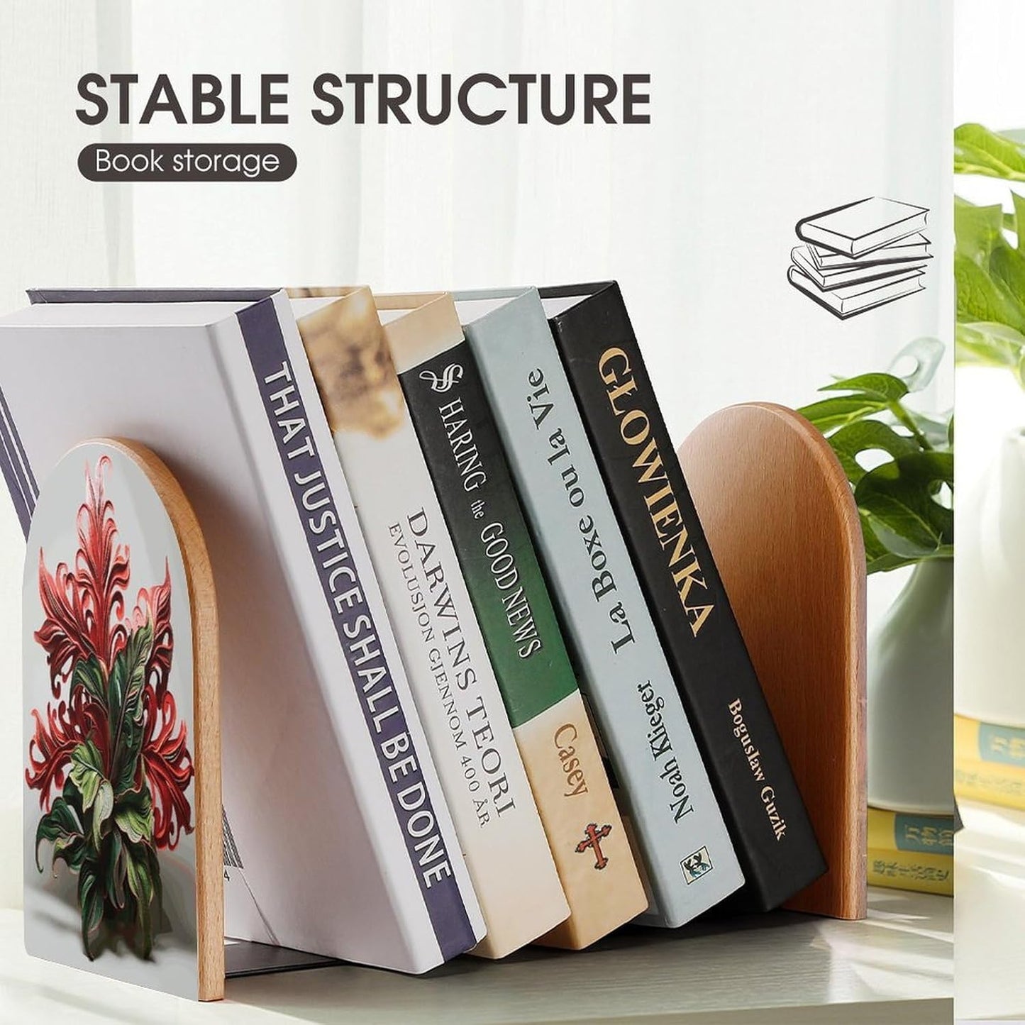 Red and Green Flowers Wooden Bookend Non-Slip Book Ends Heavy Duty Book Stopper with Metal Base Books Holderd Decorative Bookends Stands Firmly for Office Supplies