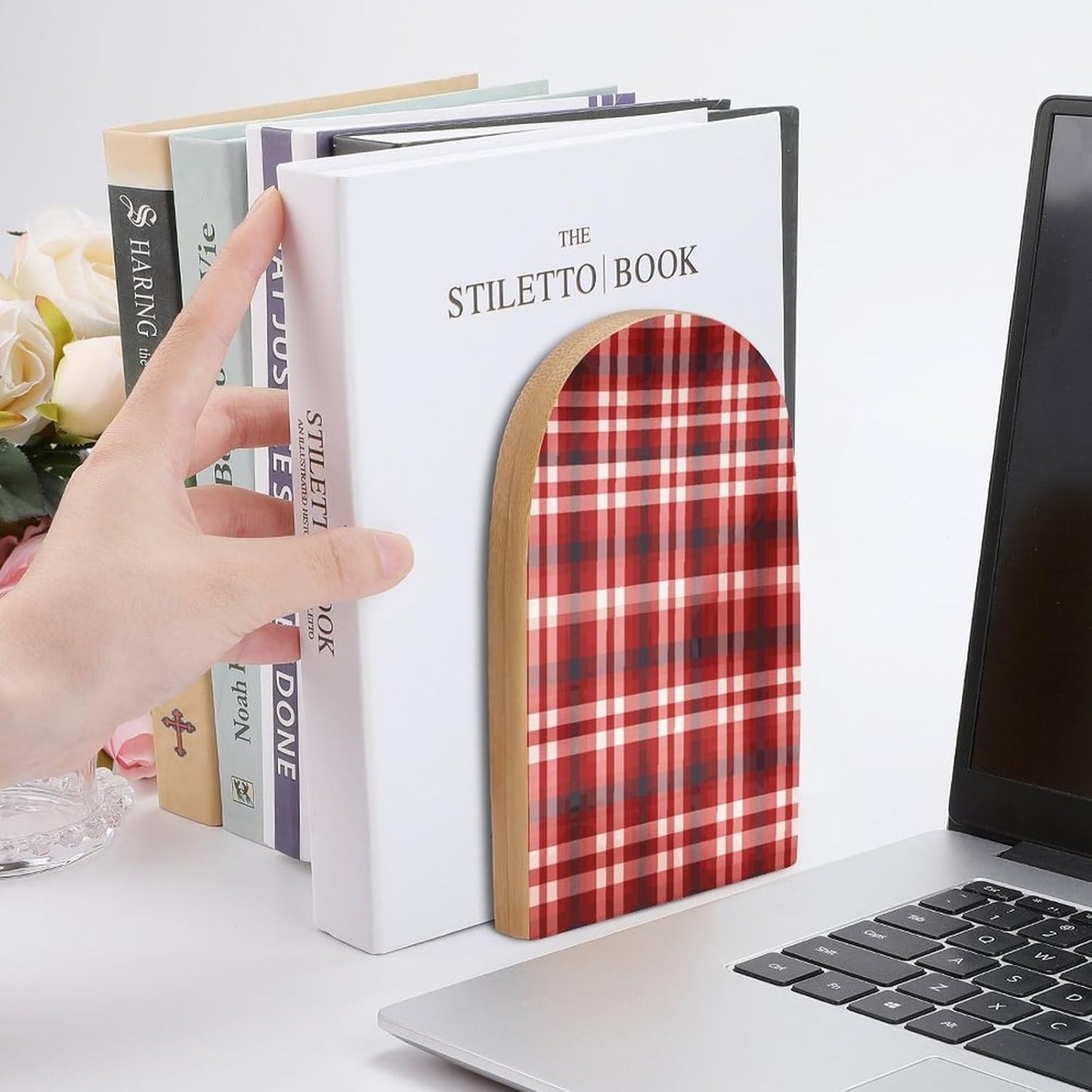 Red Plaid Bookend for Shelves Wooden Book End Large Size Sturdy Book Holders Stoppers with Metal Base for Bookshelves Slick Decorative Bookends Stands