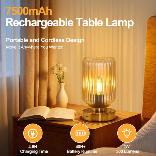 Table Lamp for Bedroom, Cordless Small Bedside Lamp, Touch Dimmable Rechargeable Lamp Battery Operated with Amber Glass Shades for Night Stands, Living Room, Desk, Bulb Included