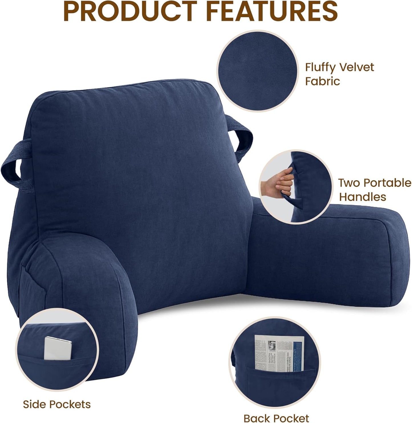 Portable Comfy Reading Pillows for Bed Sitting Up(Royal Blue Oeko-Tex), Velvet Back Pillow with Arms & Pockets for Adults, Support Memory Foam Bed Pillow for Dorm/Reading/Watching/Gaming
