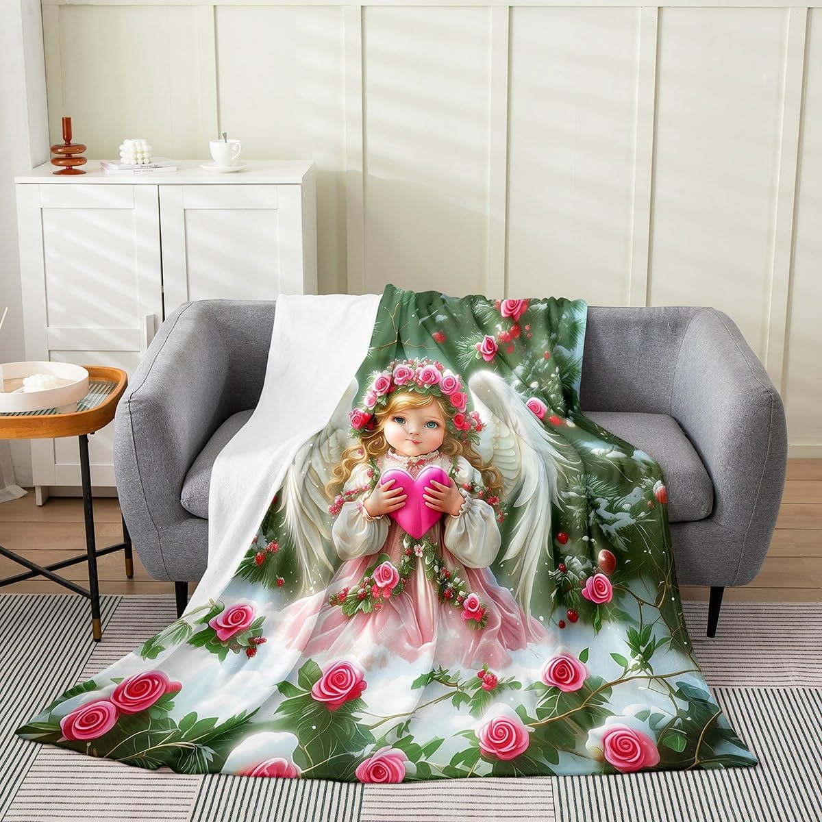 Erosebridal Cute Angel Blanket Throw 50x60, Romance Valentine'S Day Throw Blanket For Kids Girls Boys, Pink Love Flowers Couple Soft Fleece Blanket For Sofa Bed Couch, Floral Leaves Cozy Fuzzy Blanket