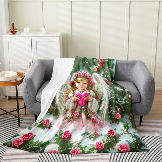 Erosebridal Cute Angel Blanket Throw 50x60, Romance Valentine'S Day Throw Blanket For Kids Girls Boys, Pink Love Flowers Couple Soft Fleece Blanket For Sofa Bed Couch, Floral Leaves Cozy Fuzzy Blanket