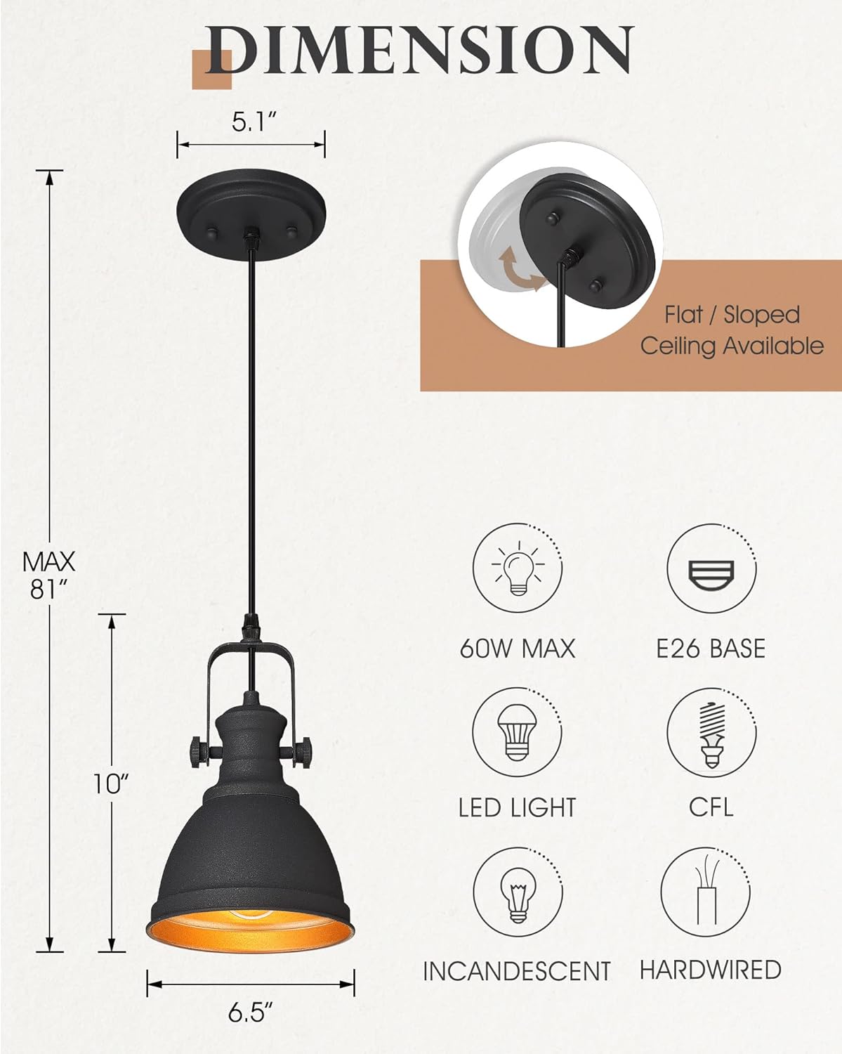 Black Pendant Light, 6.5" Hanging Light Fixtures, Pendant Lighting for Kitchen Island Bar Restaurant Entryway, AD-2151-1P