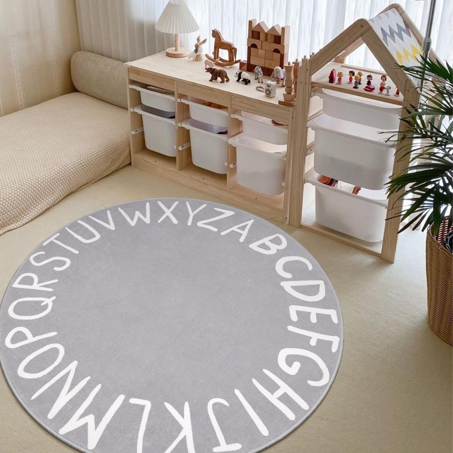 LIVEBOX ABC Play Room Round Rug for Kids Bedroom, Alphabet Area Rug Circle Washable Rug for Playroom Classroom Tent, Non-Slip Crawling Mat Circular Learning Carpet for Teen Boys and Girls (59",Grey)