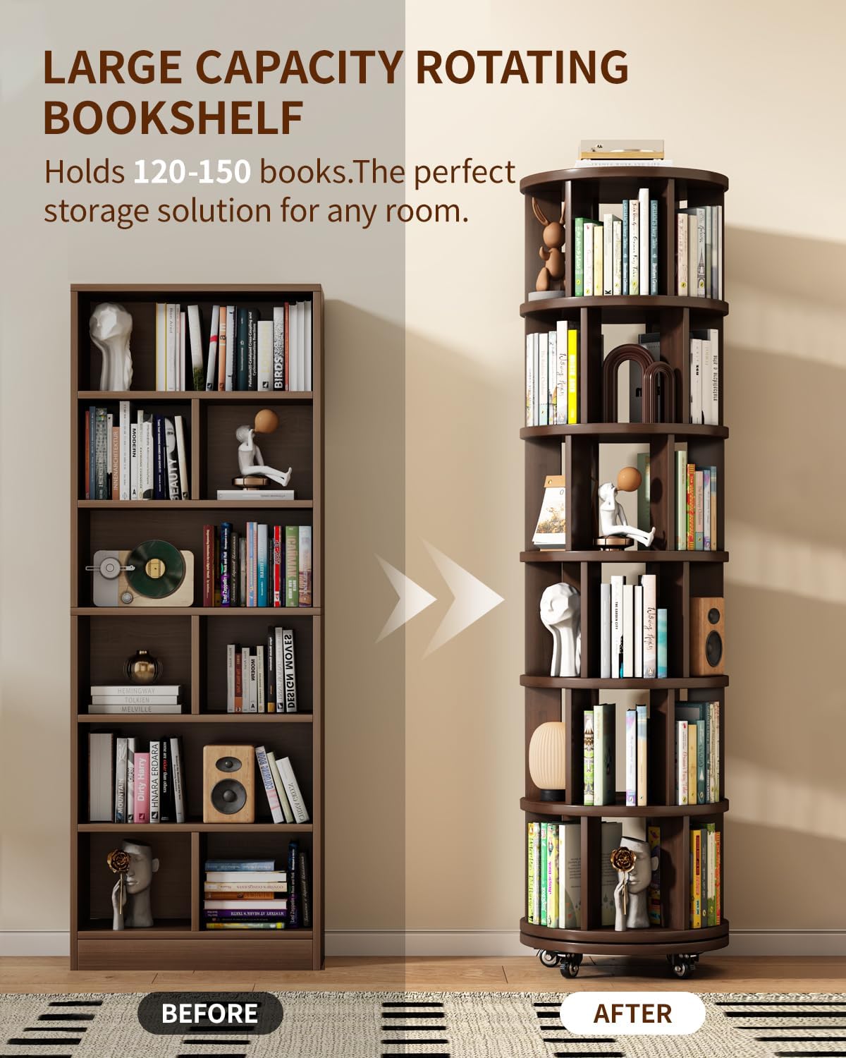 Saifu 6 Tier Wood Rotating Bookshelf on Wheels,Round Revolving Bookcase,360° Spinning Book Shelf Tower,Rolling Bookshelves for Small Space, Corner, Bedroom, Kids Room,Office, Walnut