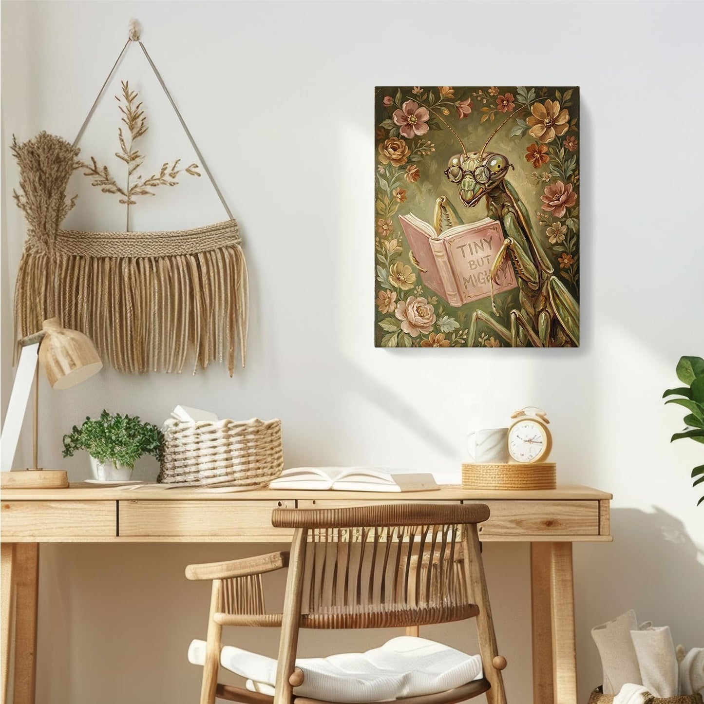 TAZSWDMM Mantis Reading Book Framed Canvas Wall Art Posters, Tiny But Mighty Inspirational Insect Bookish Wall Art Prints for Reading Room Library Book Nook Office Decor, 11x14 Inch