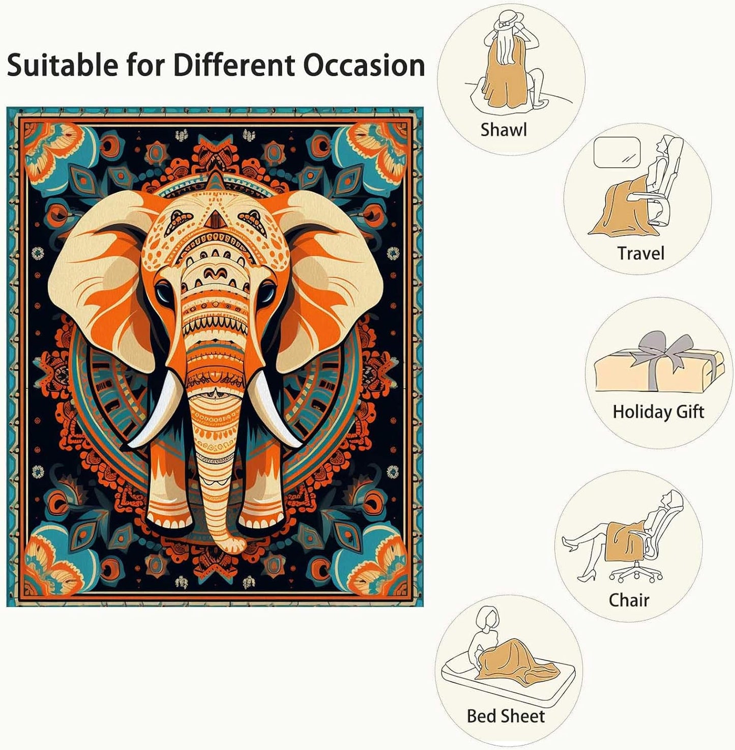 Firmiso Boho Elephant Throw Blanket Gift for Women Girls, Mandala Elephant Flannel Fleece Blanket for Couch, Sofa or Bed, Decorative Bohemian Animal Home Decor, 60"x80"