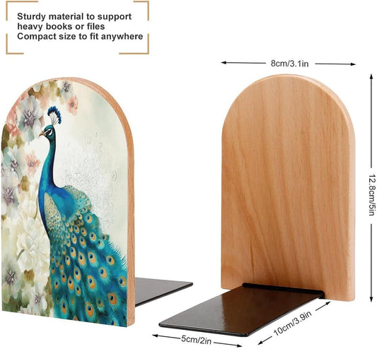 Beautiful Peacock and Floral Bookends 1 Pair Heavy Duty Book Ends for Shelves Non-Skid Bookend Supports Wooden Book Holders with Metal Base Desk Organizers Books Storage to Hold Books