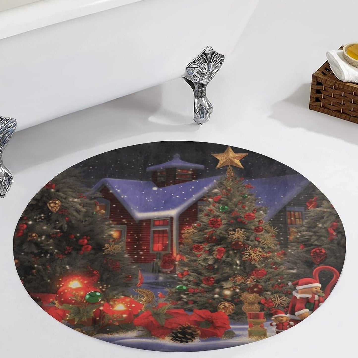 Christmas Cheer Circle Rug Retro Luxury Coral Velvet Floor Mat Non Slip Soft Indoor Floor Carpet Comfy Thickened Area Rugs Modern Aesthetic Minimalist Carpets for Home Decor