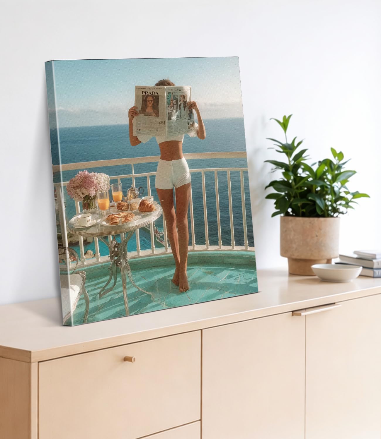 Trendy Woman Cruise Vacation Wall Art Print - Fashion Woman Reading Newspaper Canvas Poster Painting - Girly Wall Decor for Home Apartment Dorm 8x10 Inch Framed