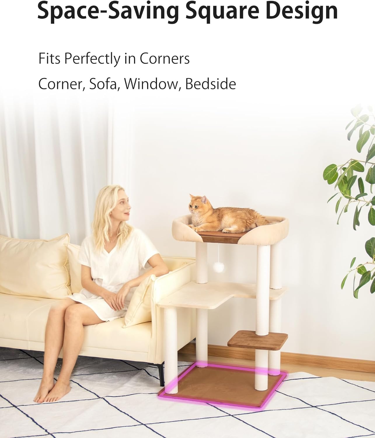 Cat Tree for Large Cats, Modern Senior Friendly Cat Tower with Wide Shelves, Cotton Scratching Posts, Super Sturdy Base, Cozy Perches, and Interactive Toys for Indoor Kittens, 37.4'' Cream.