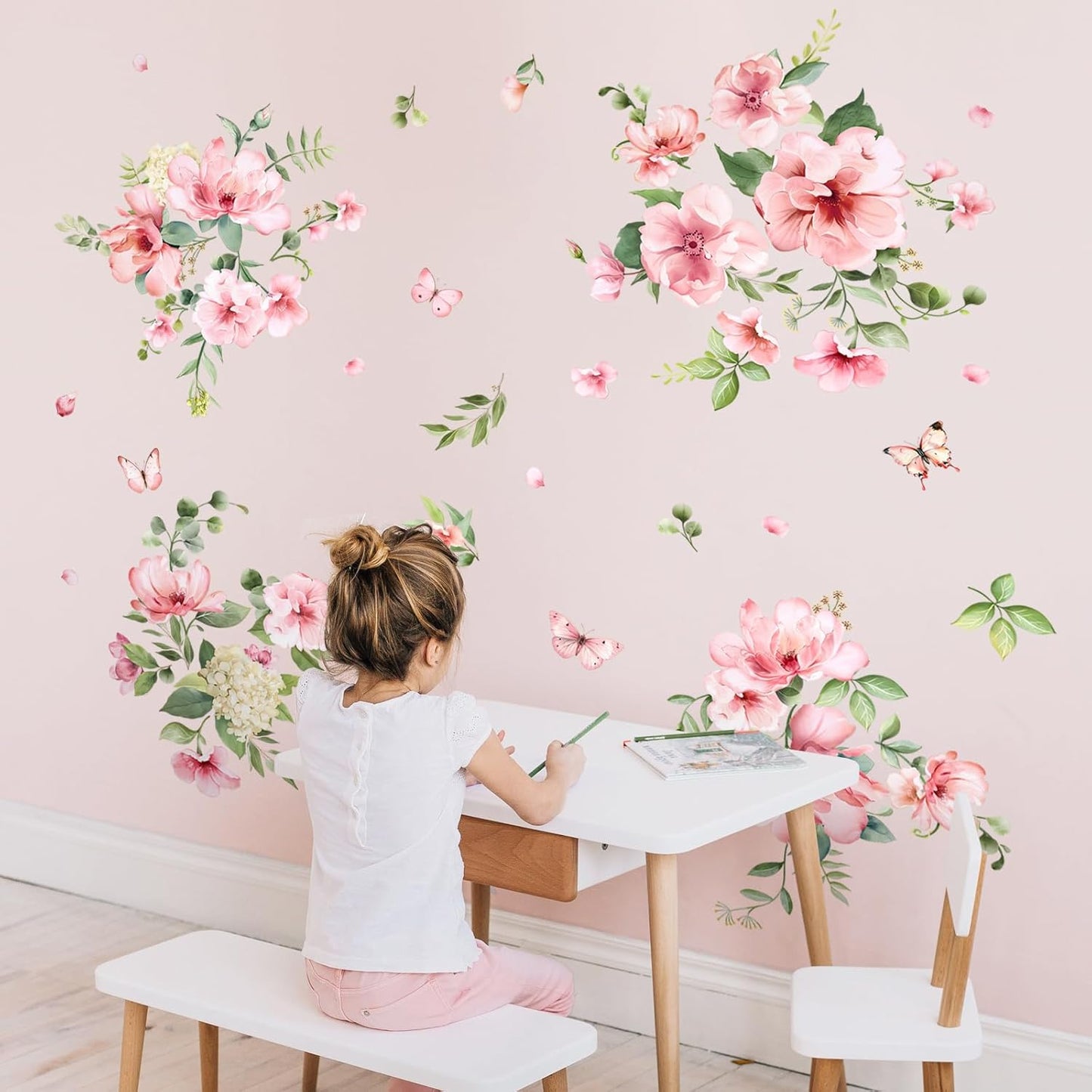 Pink Flower Wall Stickers, Spring Garden Floral Wall Decals 10 Sheets DIY Peel and Stick Wall Decal Self Adhesive Wall Art Decor for Bedroom Sofa Backdrop Cabinets Drawers