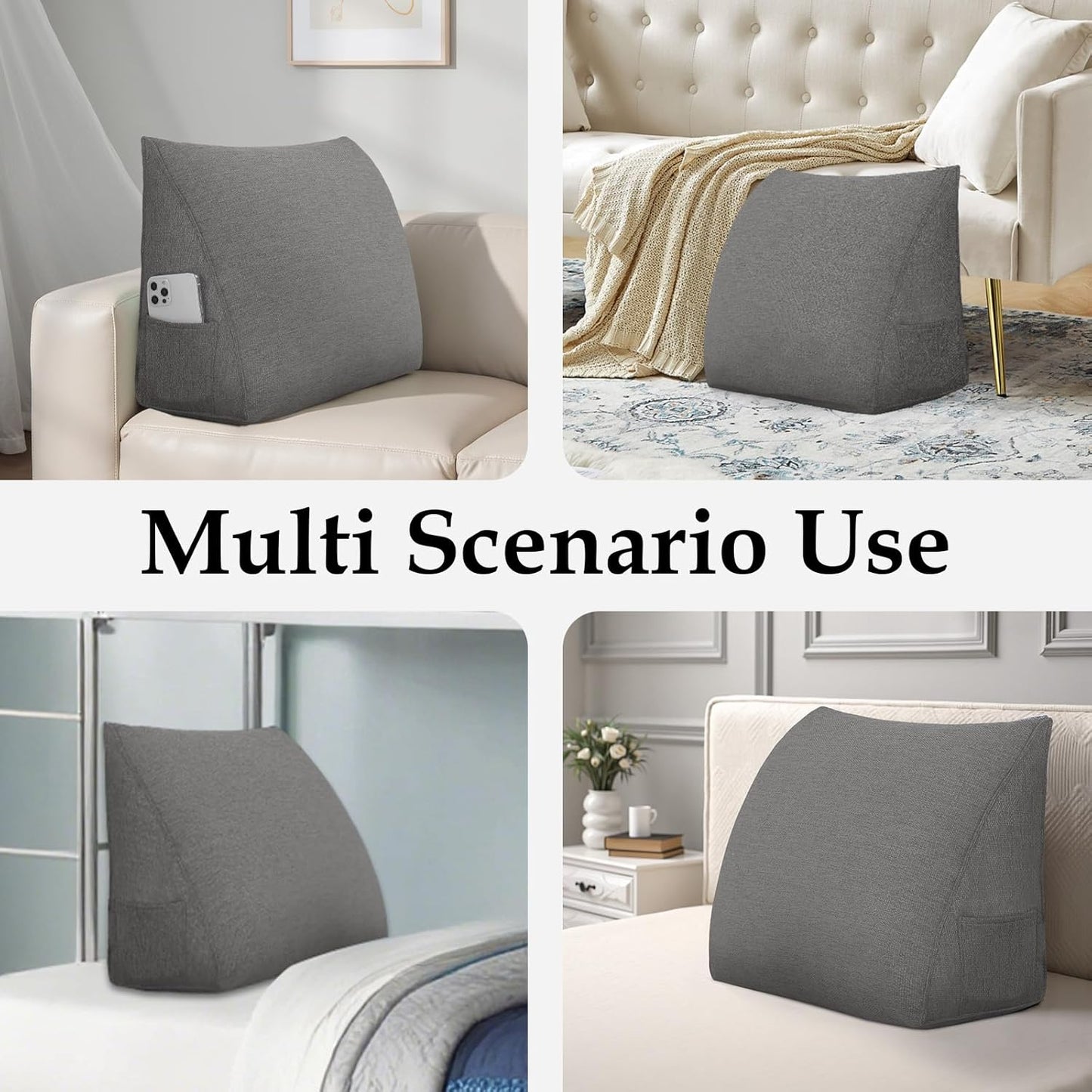 Wedge Headboard Pillow Reading Pillows for Sitting in Bed Adult Backrest Cushion with Removable Cover Side Pockets Sofa Grey
