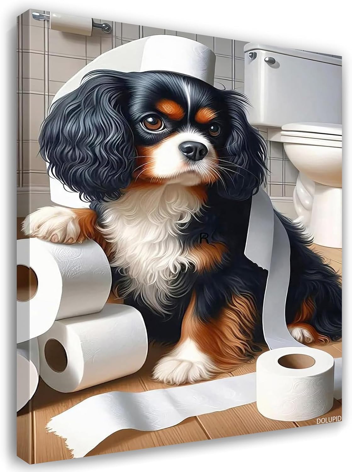 Tricolor Cavalier King Charles Spaniel Bathroom Wall Art Funny Dog Toilet Paper Poster, Black and White Washroom Decor, Gift for Dog Lovers 8x10inch Framed