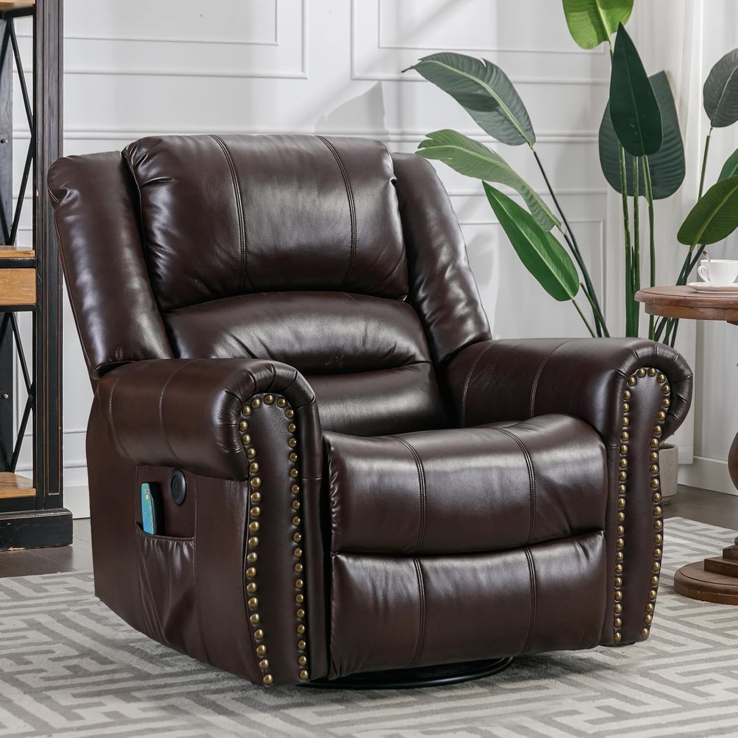 Modern Power Recliner Chair with Heat & Vibration Massage, 360° Swivel Rocker Reclining Seat for Adults, USB Charging Ports, Side Pockets, Comfortable Electric Recliner