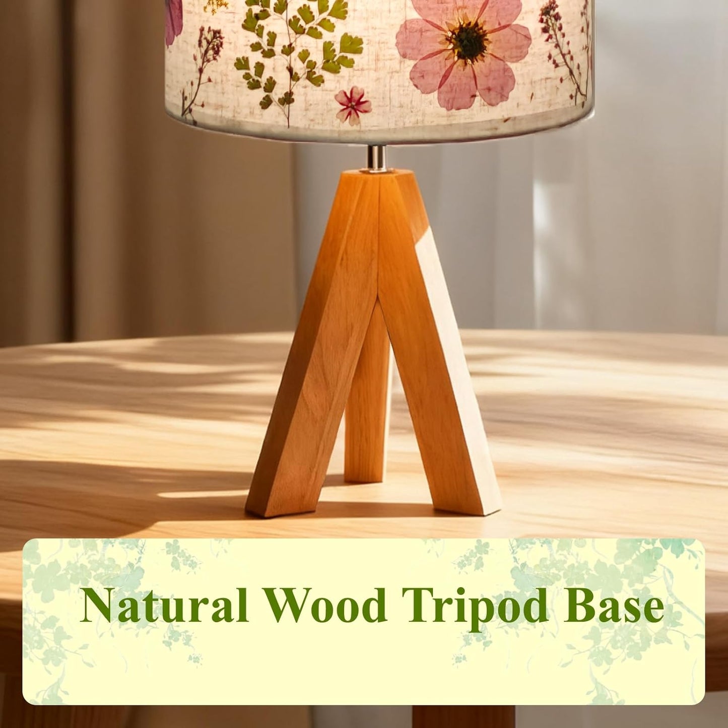 Dried Flowers Tripod Table Lamp 14.56in, 9W LED 3-Color Cute Bedside Lamp with Flowers Linen Lampshade for Nursery, Bedroom, Kid Room, Living Room, Light Brown Wooden Base
