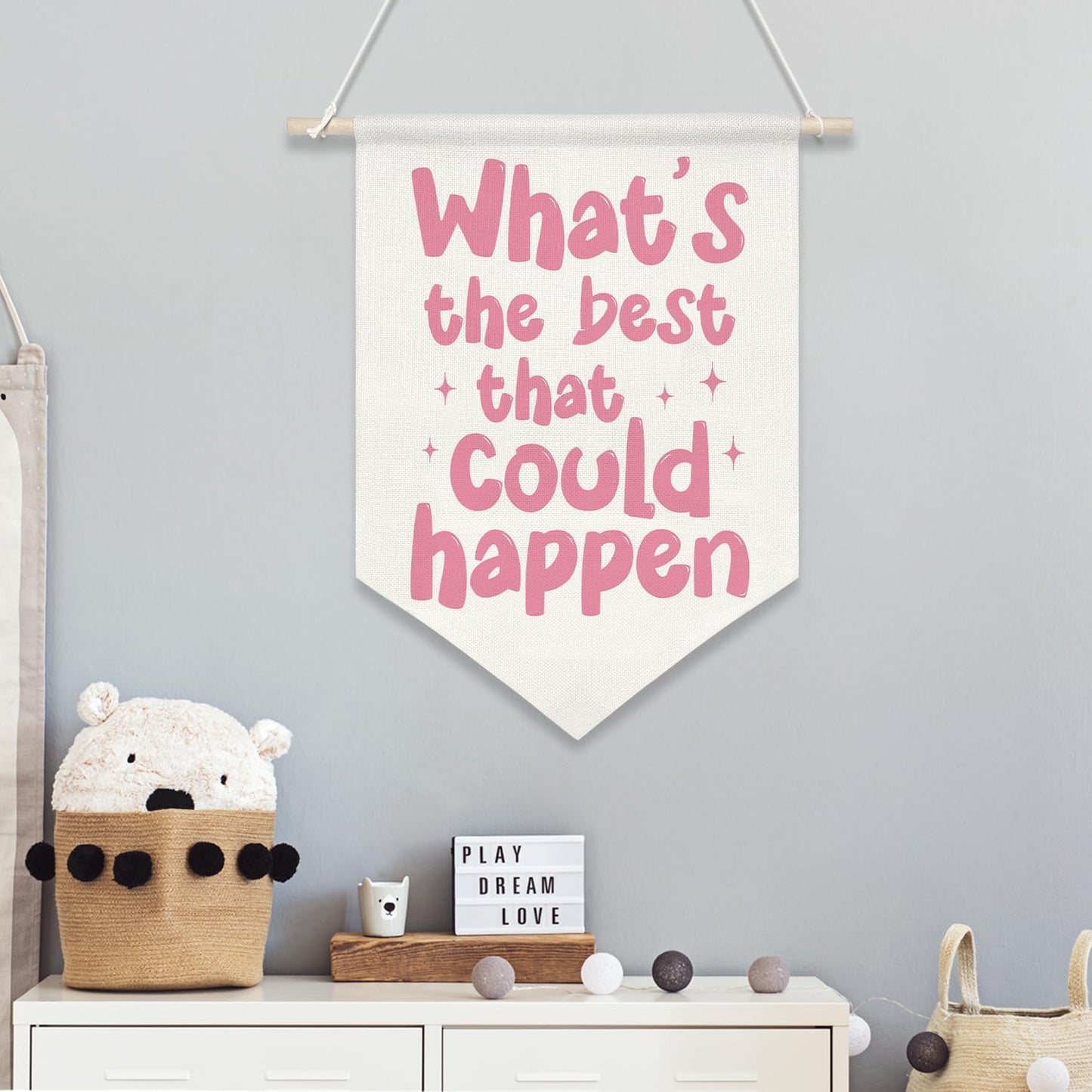 Motivational Quote Canvas Wall Banner – What’s the Best That Could Happen,Retro Pink Inspirational Poster, Wall Hanging Canvas Flag with Wooden Rod for Teen Girl Room, Dorm, Office, Classroom Decor, 11x16 Inch(KD06)