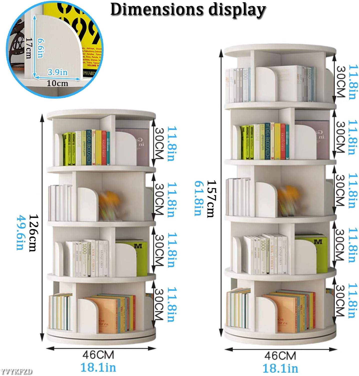 YVYKFZD 360° Rotating Bookshelf, 4/5 Tier Bookcase, Circular Display Storage Rack, Floor Standing Book Shelf with Baffle, for Home Living Room Study Office(Wood,4 Tier 49.6x18.1x18.1in)