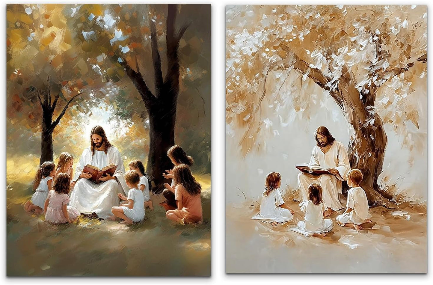 bitCNY Christian Nursery Wall Art Set of 2 – 12x16 Inch Jesus Reading with Children Under Tree, Inspirational Faith Prints 478