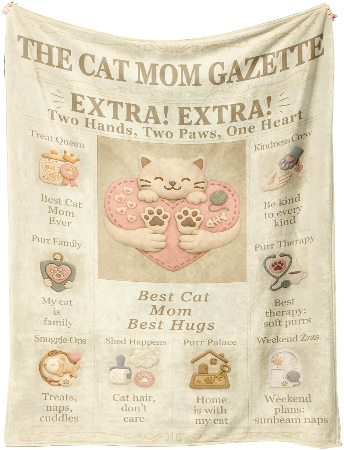 Cat Mom Blanket for Women, Kawaii Flannel Throw 60x50, Vintage Newspaper-Style Gazette, Cozy Kitty Sofa/Bed Decor, Gift for Cat Lovers, Birthday Christmas Mother’s Day