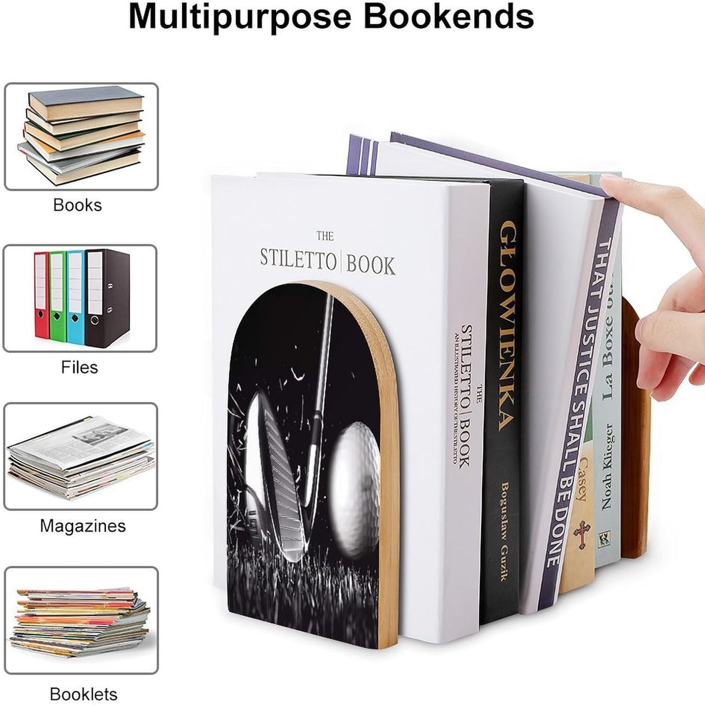 Black and White Golf Wooden Bookend Non-Slip Book Ends Heavy Duty Book Stopper with Metal Base Books Holderd Decorative Bookends Stands Firmly for Office Supplies