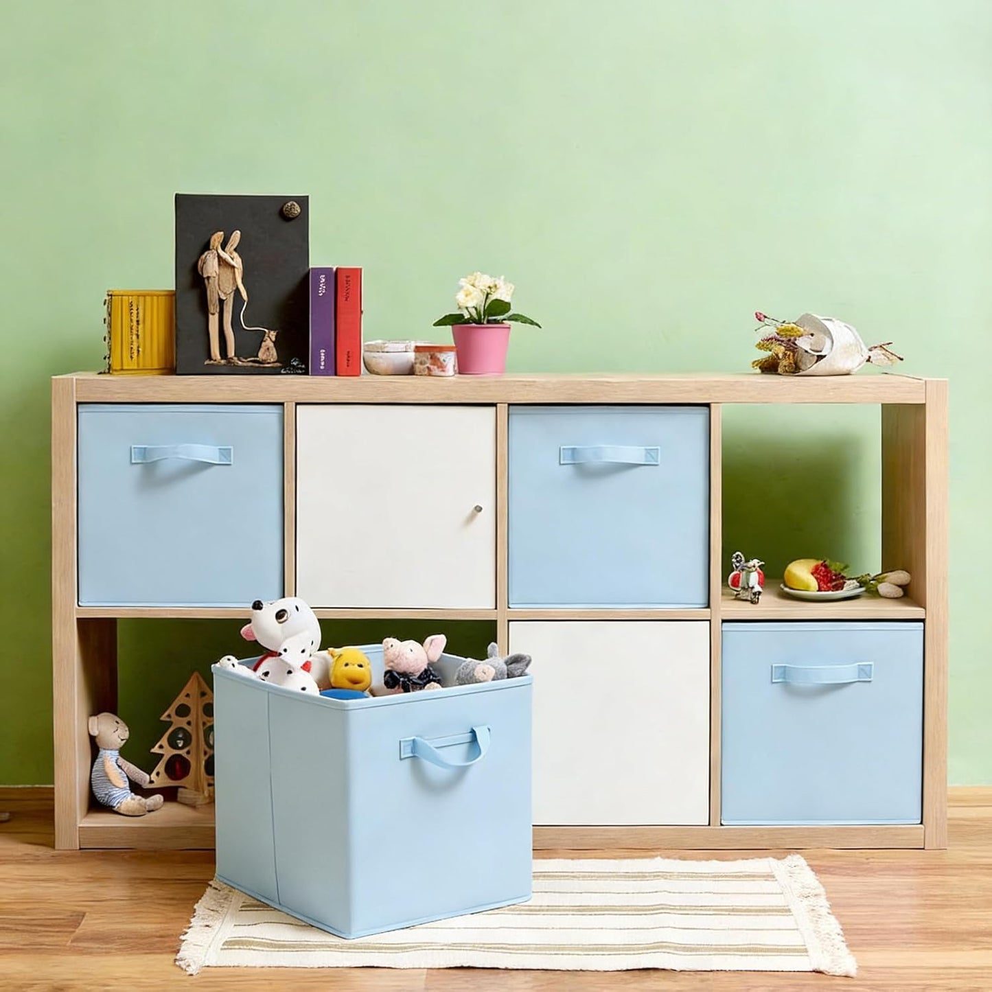 13x15x13 Large Storage Cubes [Set of 4] Sky Blue Foldable Fabric Storage Bins with Handles, Collapsible Closet Organizers and Storage Baskets for Shelves