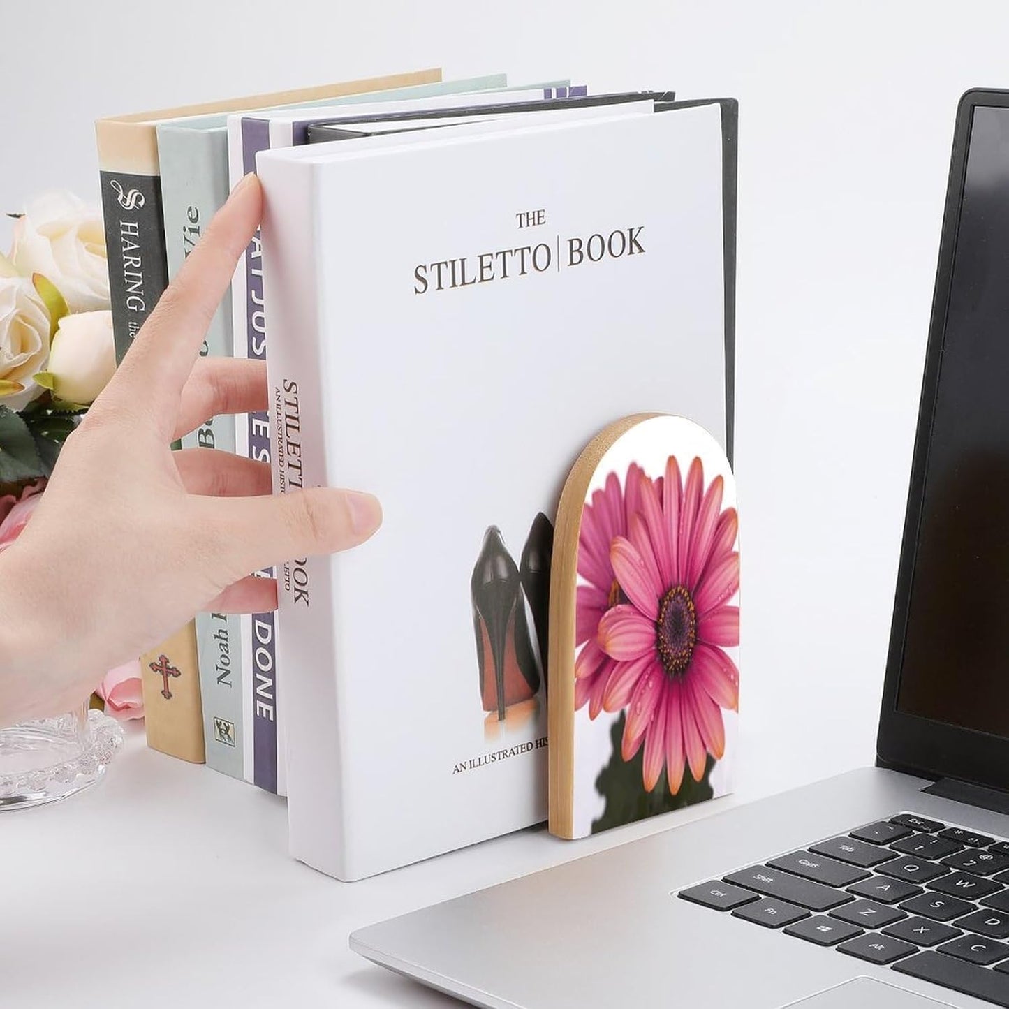 Pink Daisy Flower Bookends 1 Pair Heavy Duty Book Ends for Shelves Non-Skid Bookend Supports Wooden Book Holders with Metal Base Desk Organizers Books Storage to Hold Books