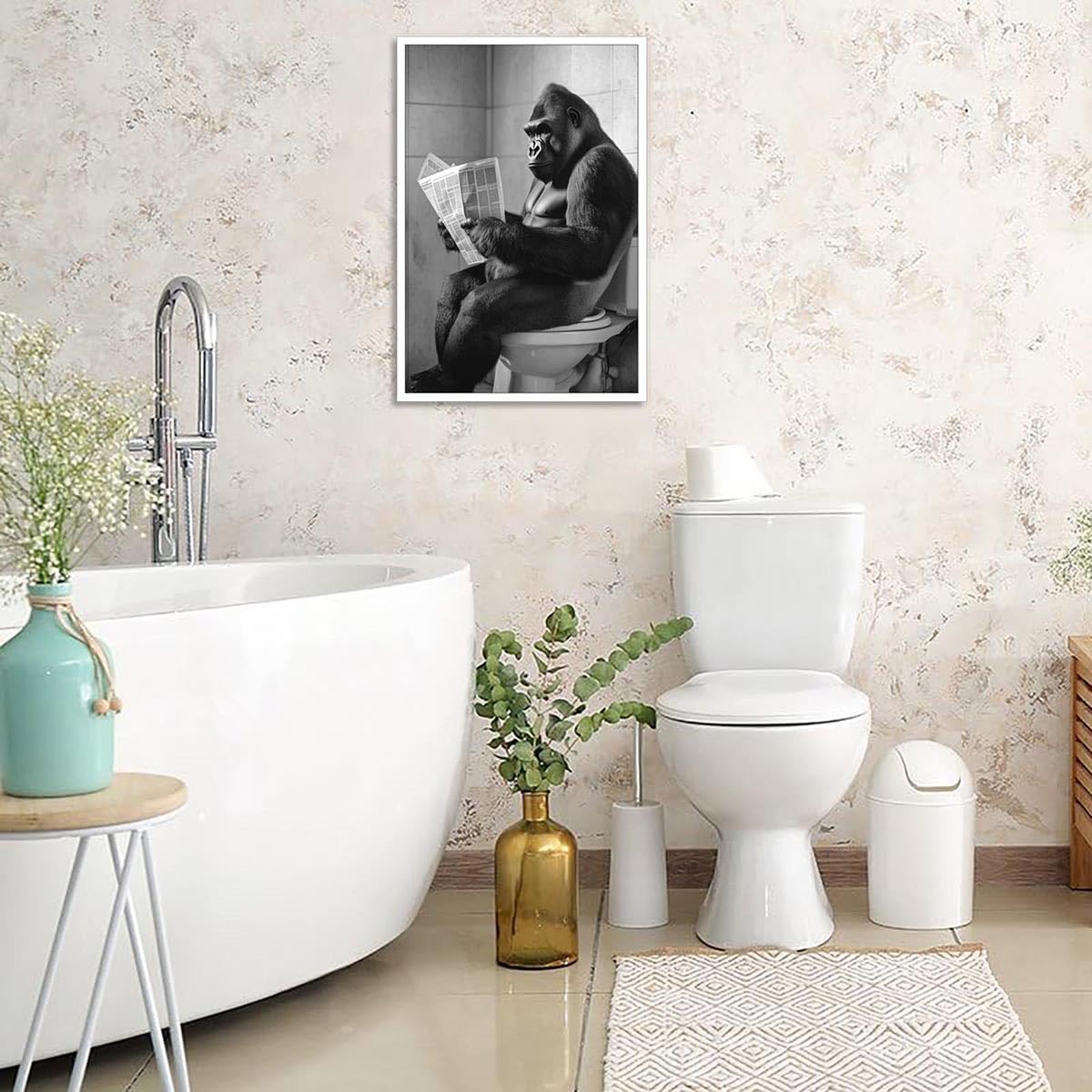 Vintage Funny Gorilla Sitting On Toilet Reading Newspaper Posters Black And White Modern Canvas Wall Art Cute Animal Prints Painting For Home Bedroom Dorm Wall Decor 8x10in Unframed
