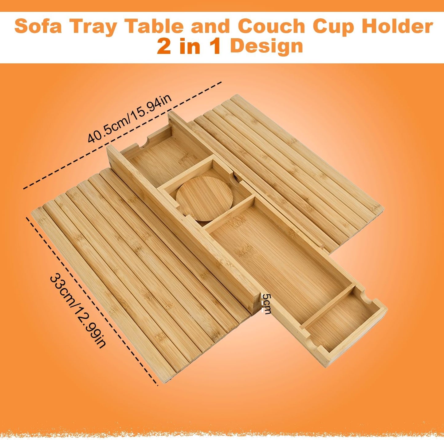 Bamboo Couch Armrest Table, 2-in-1 Foldable, Anti-Slip Sofa Arm Tray Includes a Detachable Cup Holder, Making it Ideal for Holding Remote Controls, Phones, Cups, and Snacks