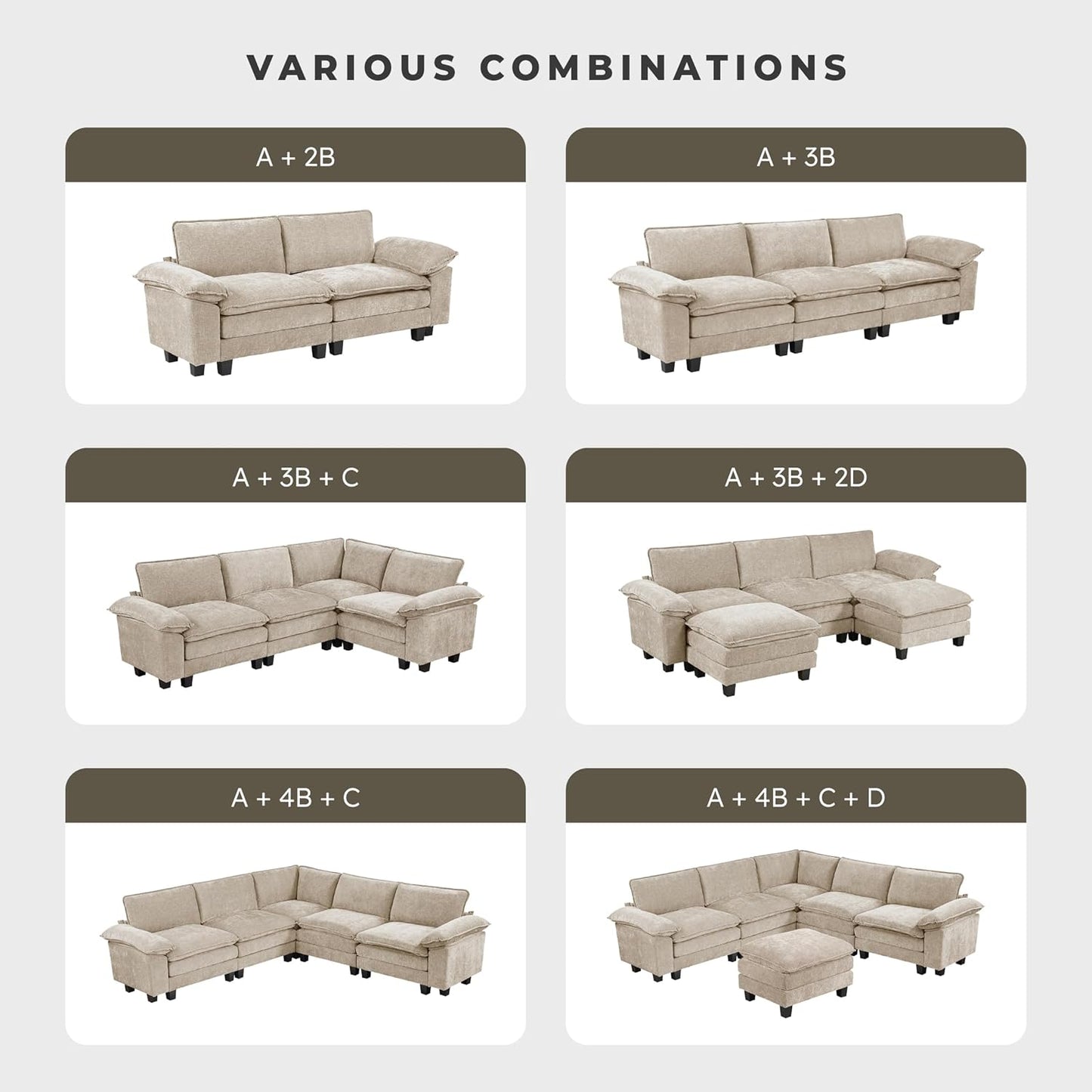 Lexicon Chenille Upholstered Rectangle Ottoman, Foot Stool, Black Faux Wood Feet, Durable Frame, Large Padded, Modular Sectional Couch Add Ons for Living Room, Bedroom, Assembly Required, Light Taupe