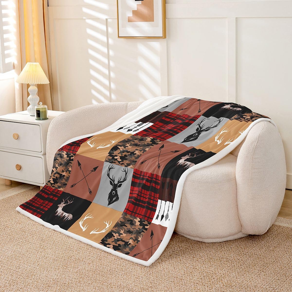 Feelyou Hunting Camo Throw Blanket Deer Soft Fleece Sherpa Cozy Fuzzy Plush Warm Camouflage Fuzzy Plush Throw Antlers Queen 90"x90" for Bed Couch Living Room