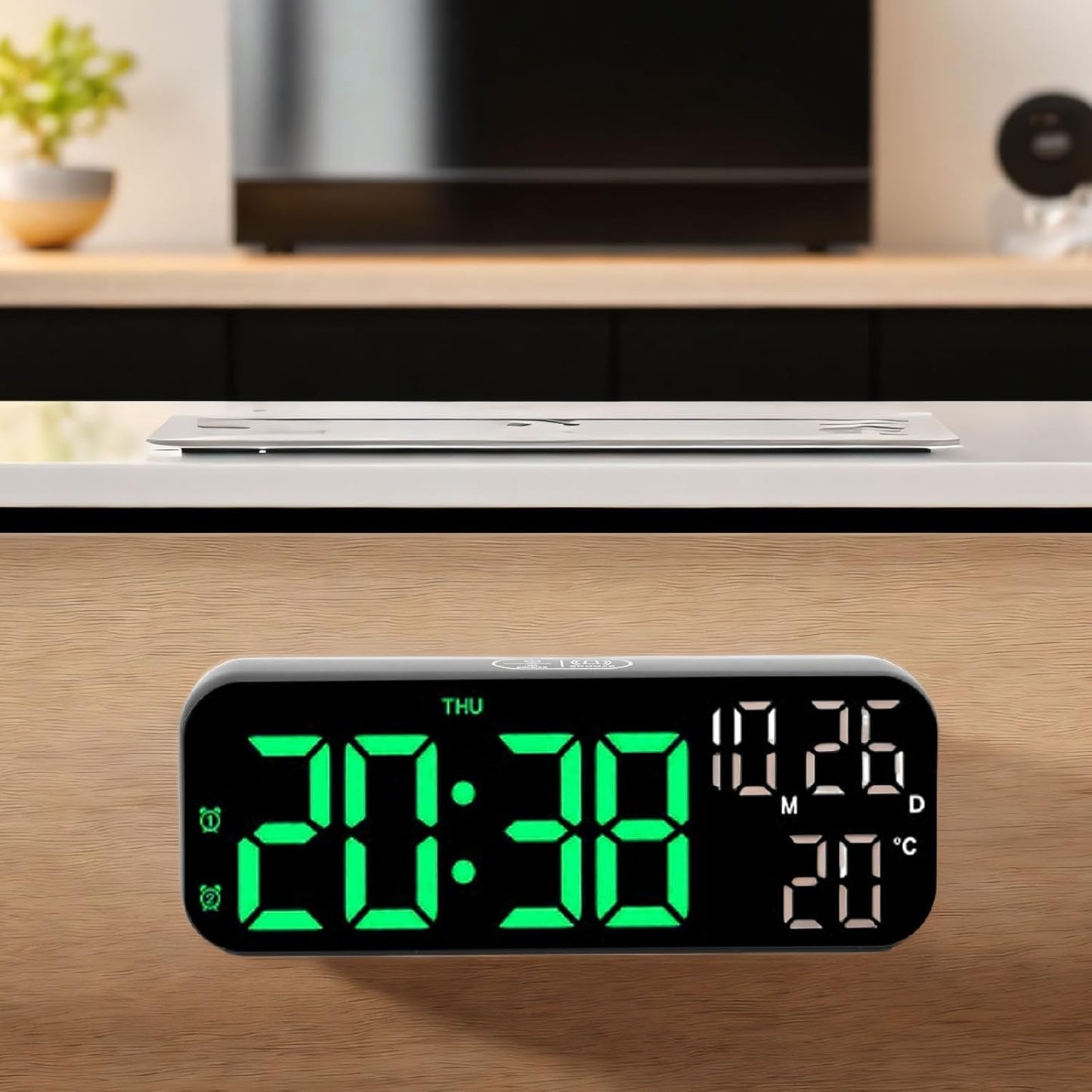 plplaaoo Digital Clock LED Display Voice Control Brightness Adjustable Date Temperature Countdown Timer Alarm Clock for Home Office Bedroom ABS 6.9in (Black Green Lamp)