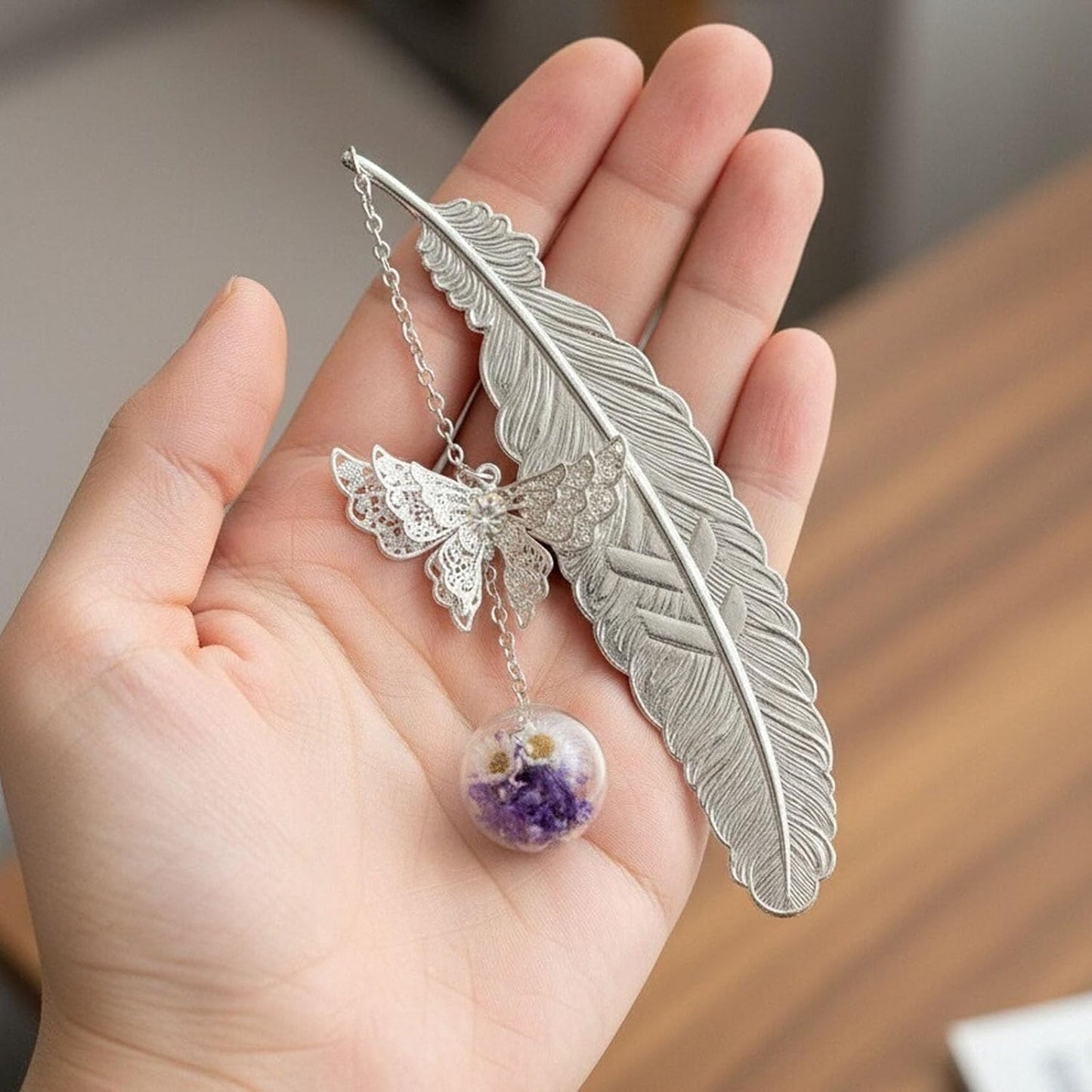 Bookmarks for Women, Metal Feather Bookmark with Butterfly Charms - Teacher Appreciation Gifts, Birthday Gifts for Book Lovers Readers Mom Girls (Silver)