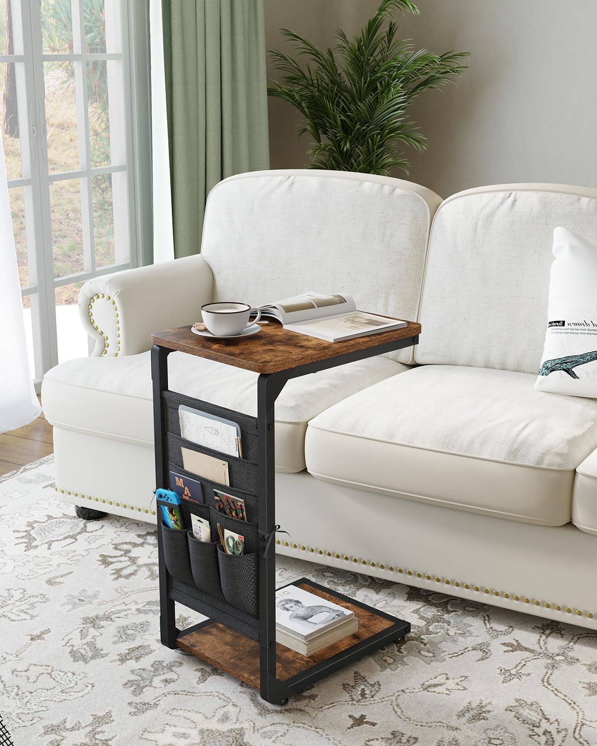 Narrow C-Shaped End Table with Storage Bag, Small Couch Side Table, Sofa TV Tray Table for Living Room, Bedroom, Bedside ET-P-BR1