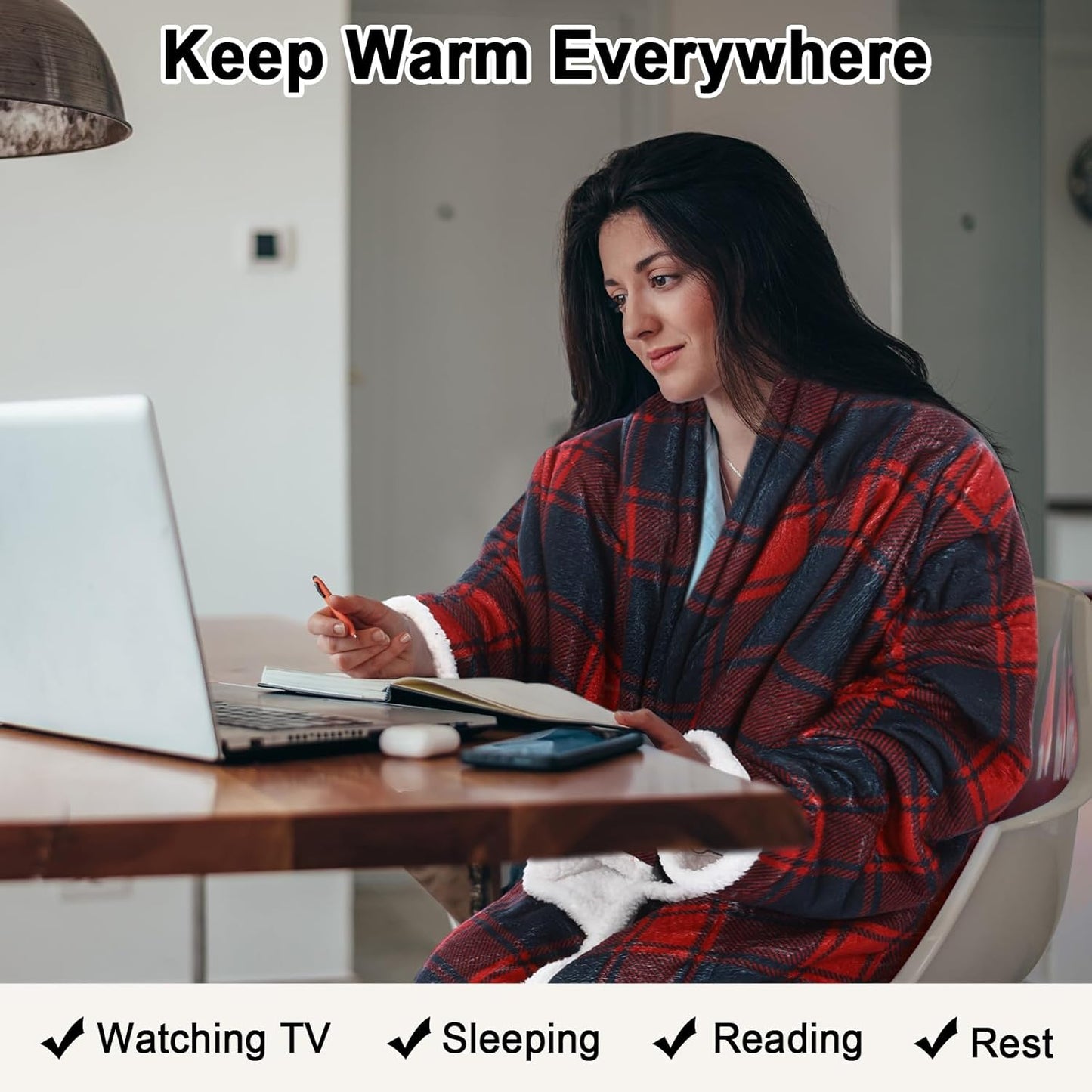 Tuanse Wearable Electric Blanket with Foot Pocket 70" x 50" Soft Flannel Heated Wrap with Sleeves, 8 Heating Levels & 1 to 12 Hours Auto Shut Off, Machine Washable, Black and Red Checkered Patter