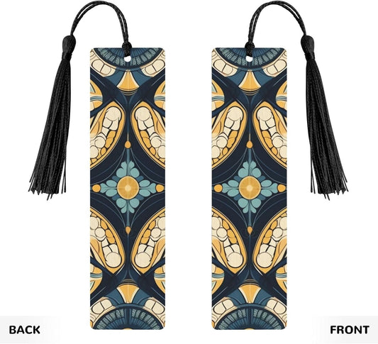 Oblate Pattern Bookmarks Gifts for Women Men, Wooden Bookmarks for Book Lovers, Vintage Book Marks Ornaments with Tassel, Unique Personalized Reading Page Markers Black