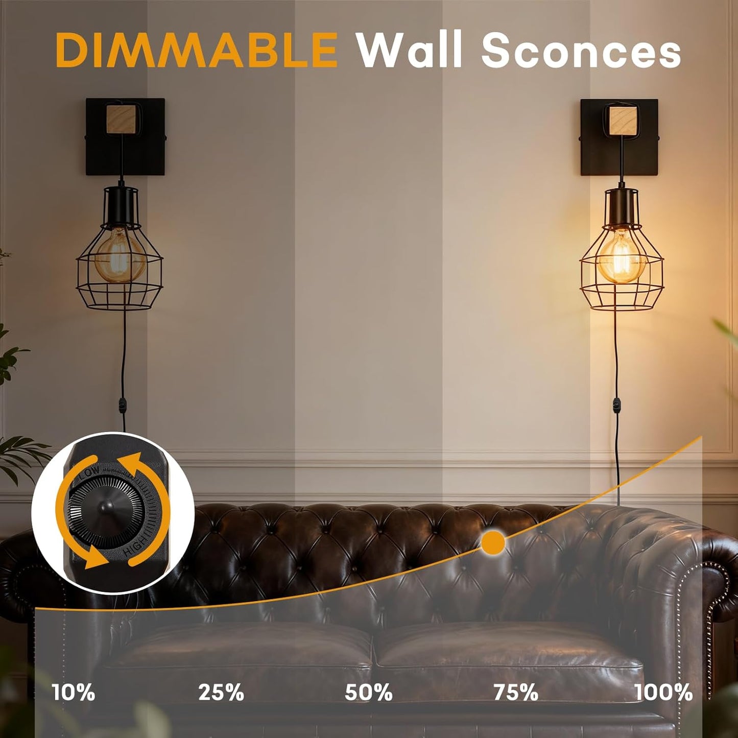 Lightess Plug in Wall Sconces Set of 2, Industrial Wall Mount Light Fixture with ON/Off Dimmable Switch Cord, Black Rustic Wall Lighting for Bedroom Living Room, Bulb Not Included