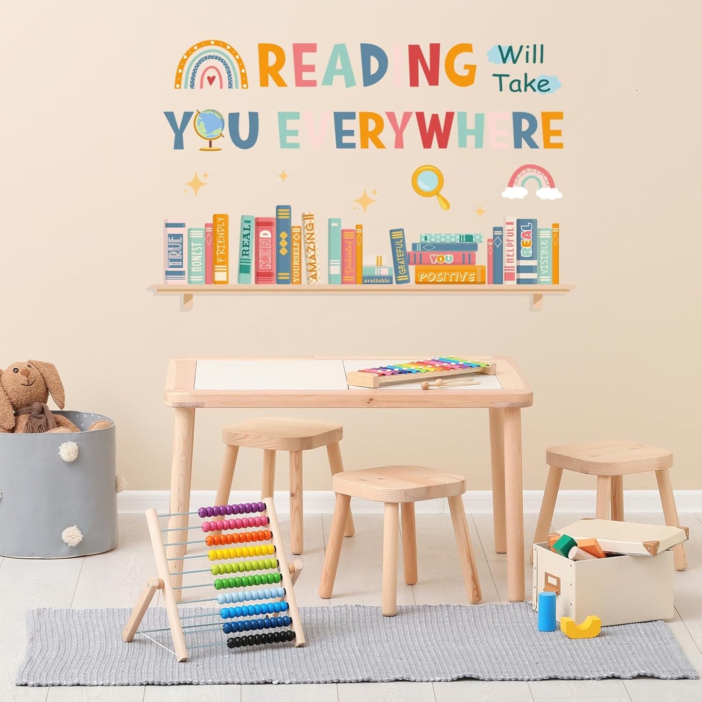 JarThenaAMCS 2 Sheets Back to School Hippie Boho Reading Wall Stickers Positive Quote Book Print Large Room Mural Decals for Classroom Library Decor, 11.8 x 35.4 Inch