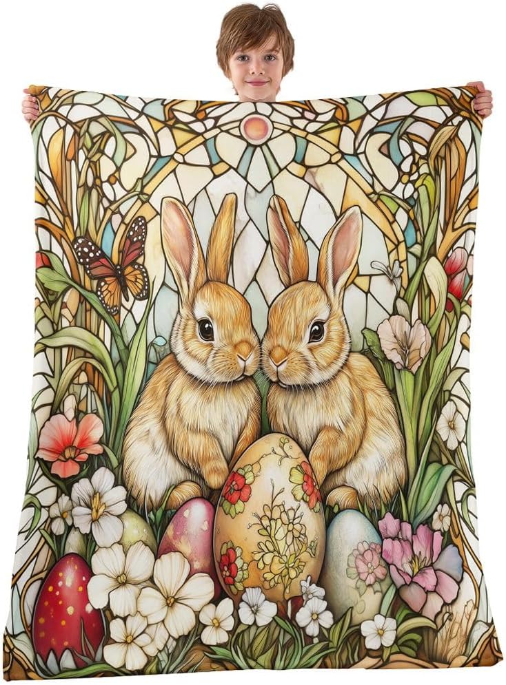 Manfei Cute Rabbits Flannel Blanket Colorful Eggs Flower Butterfly Throw Blanket Easter Theme Cozy Throws for Bed Couch Sofa,Kids Boys Girls Room Decor,Soft and Breathable(50 x 60 Inches)