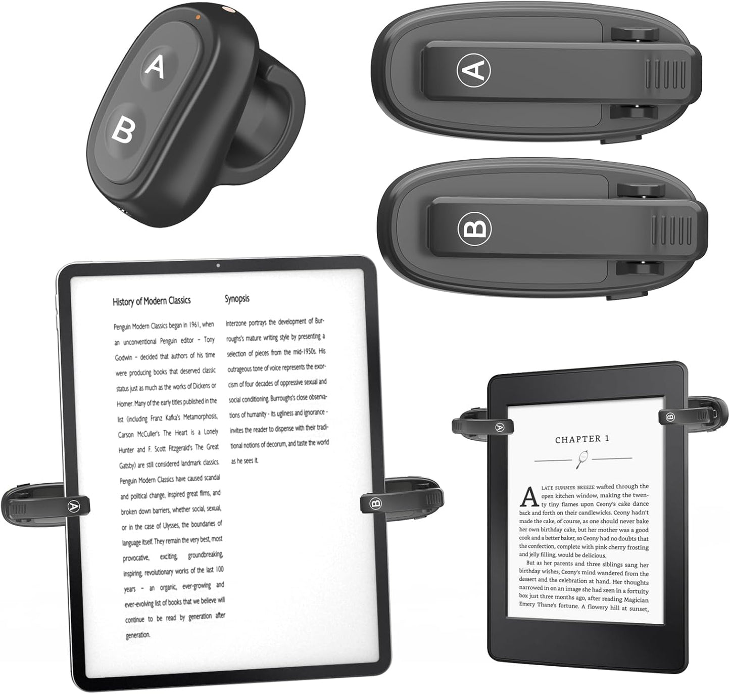 [2 Clips] Finger Ring Page Turner Remote for Kindle Paperwhite Remote Page Turner Accessories for Kindle Clip Clicker Rechargeable Page Turner for Ipad Android Tablets Phone Camera Triggers