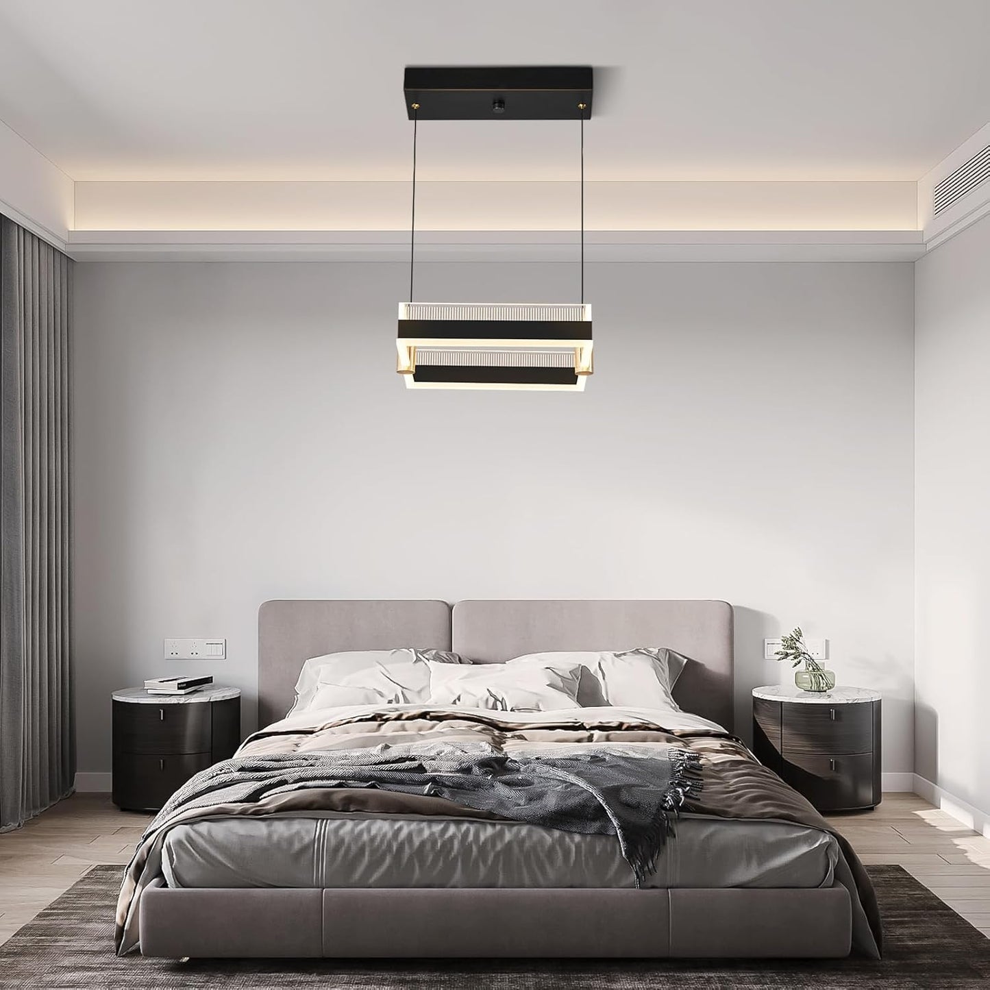 Modern LED Chandelier with Remote Control 1 Ring Dimmable 3 Color Black Gold Adjustable Pendant Light Square Chandelier Dining Light Fixture for Kitchen Bedroom Ceiling Hanging（1-Pack）