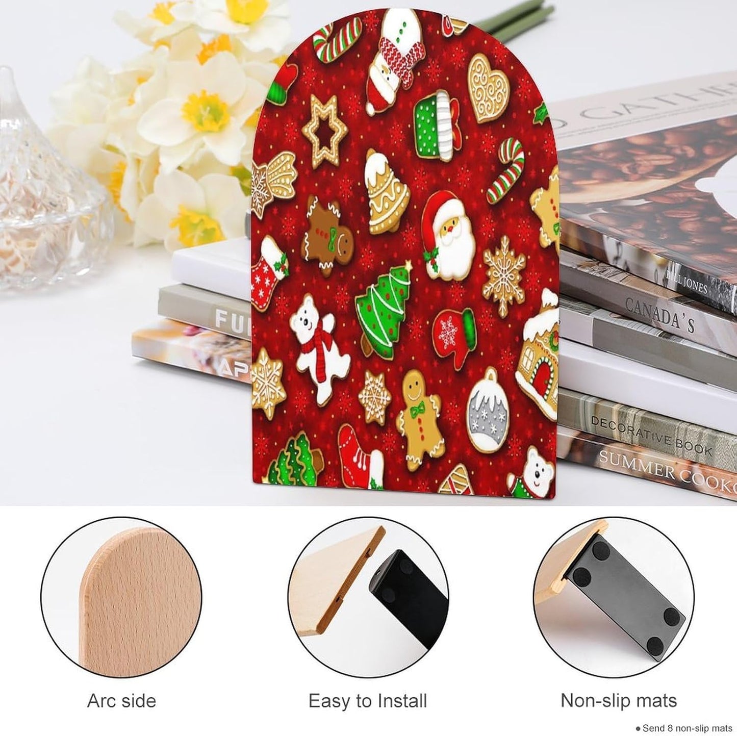 Happy Christmas Wooden Bookend Non-Slip Book Ends Heavy Duty Book Stopper with Metal Base Books Holderd Decorative Bookends Stands Firmly for Office Supplies