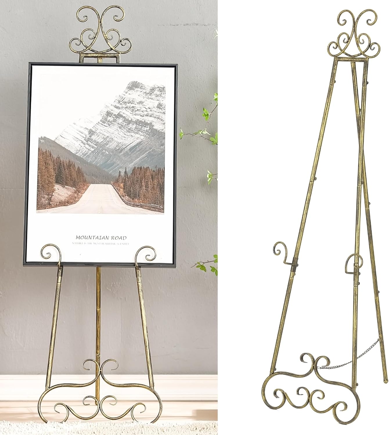 57”H Metal Easel Stand for Sign Rustic, Upgrade Large Free Standing Adjustable Display Scroll Easel Stand, Heavy Duty for Mirror Pictures Wedding Holder Showcasing with Chain Support