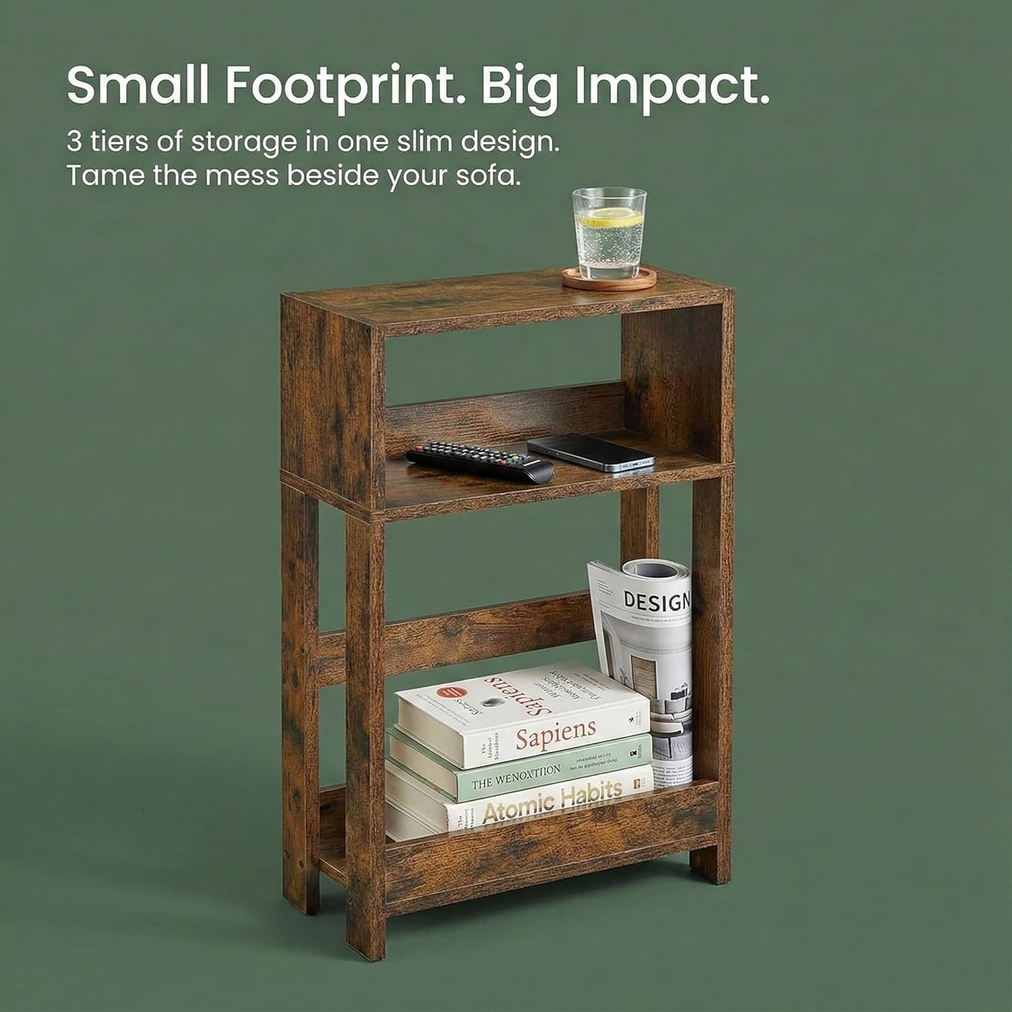 3-Tier Narrow Side Table,Skinny End Table and Bedside Nightstand for Small Space - Rustic Brown