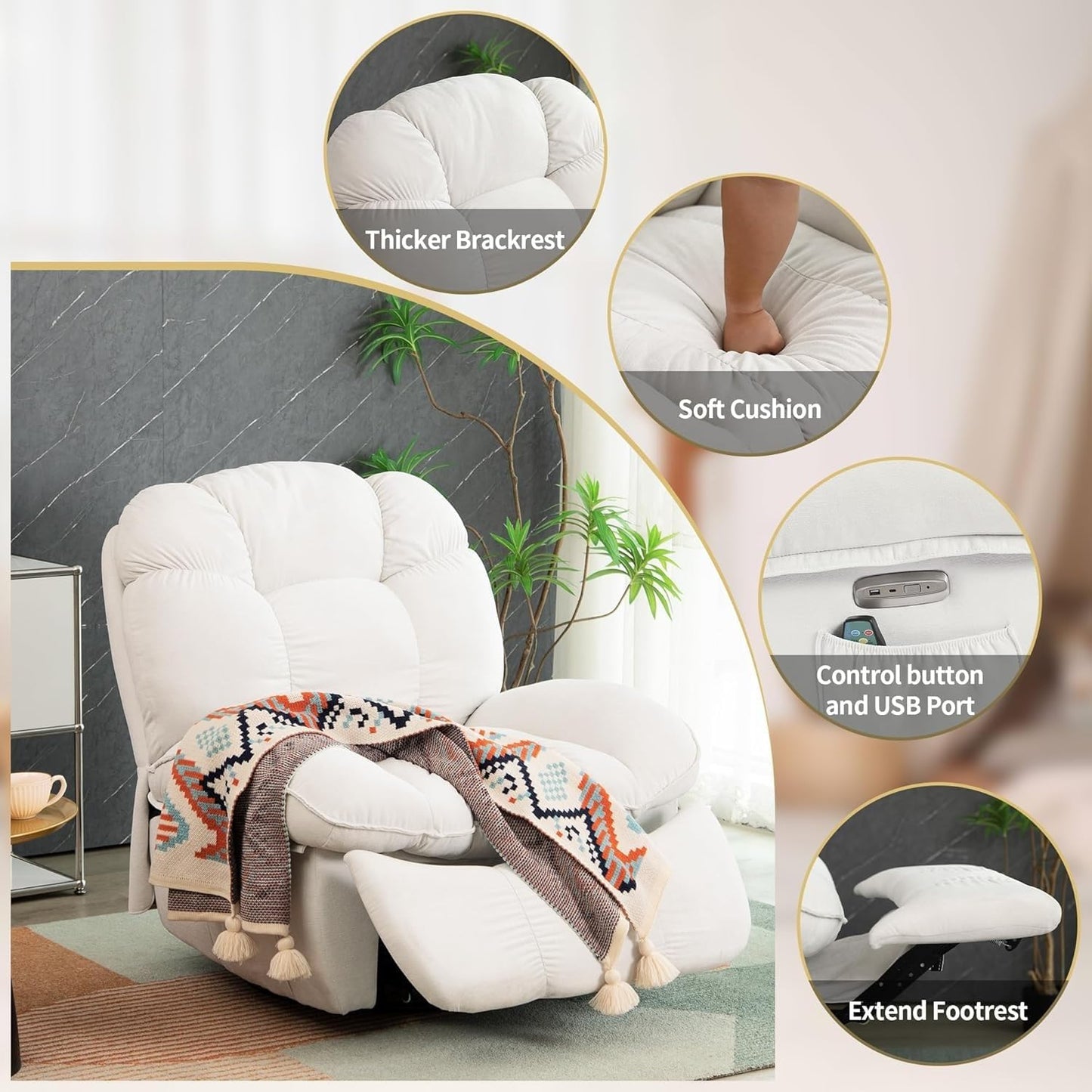 Power Recliner Chair with Massage and Heat Electric Swivel Rocker Recliners Chairs with USB Type-C for Adults Living Room Bedroom Home Theater